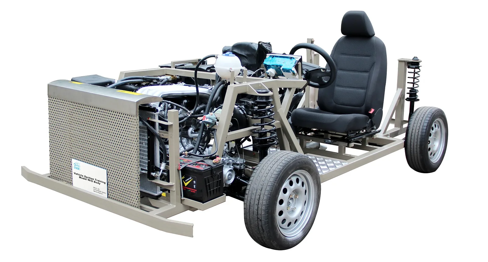 Vehículo didáctico de bastidor abierto con motor, asiento, volante y ruedas