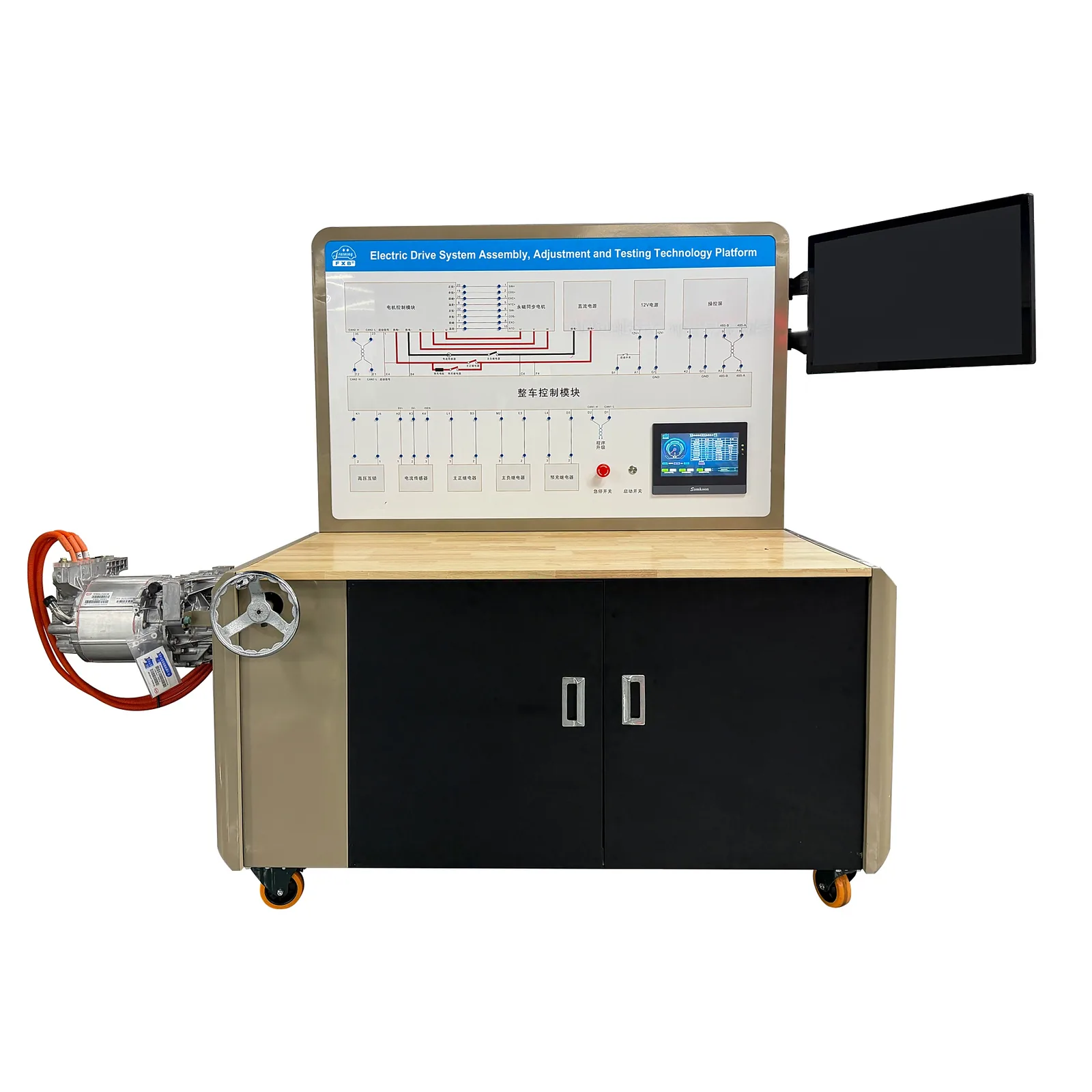 Banco didáctico de accionamiento eléctrico con panel esquemático, pantalla y motor eléctrico