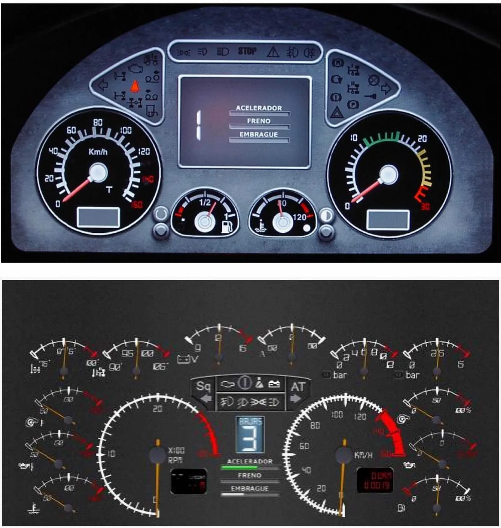 Pantalla de tablero de un simulador de camión con velocímetro, tacómetro e indicadores de pedales