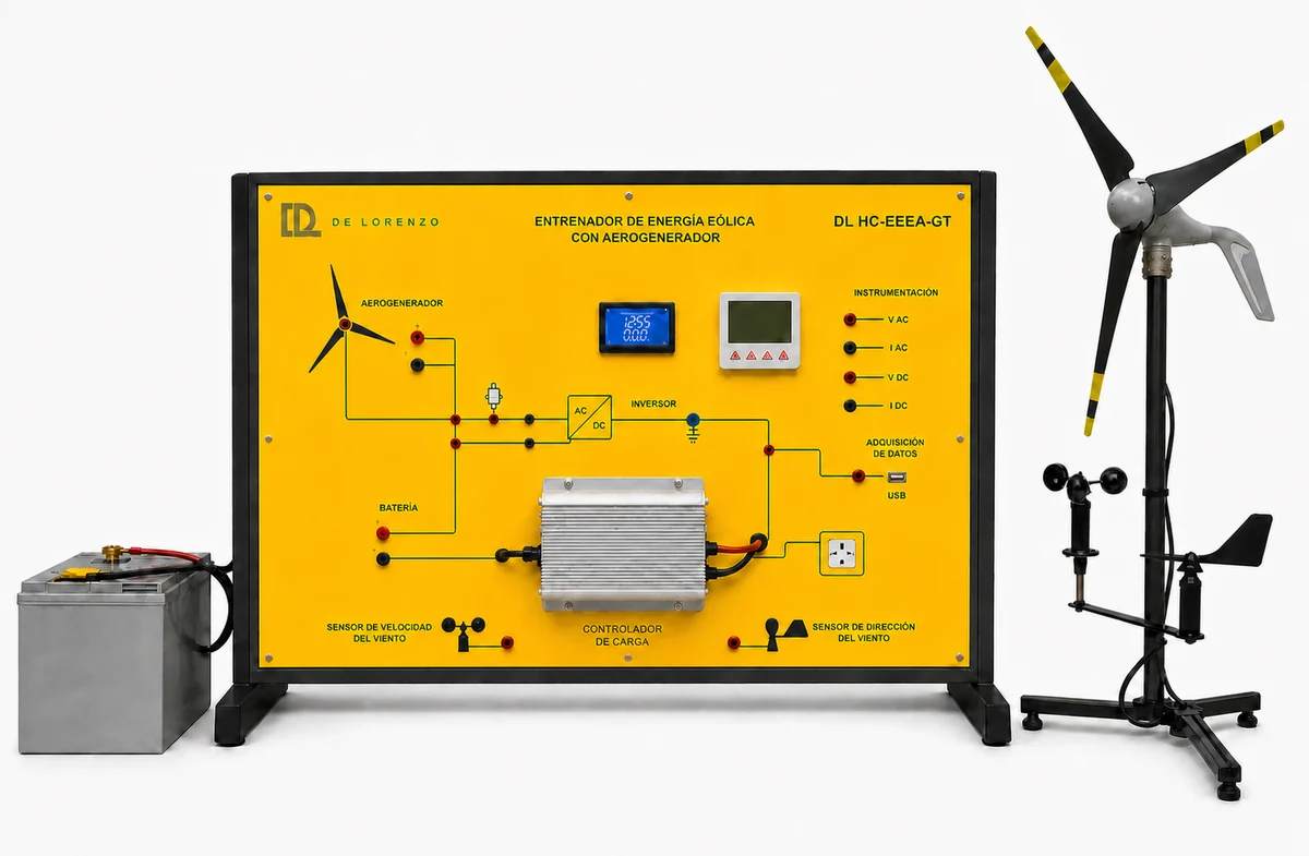 Entrenador de energía eólica con aerogenerador de eje horizontal, anemómetro, tablero de control y batería (foto del fabricante)