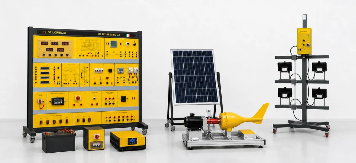Sistema didáctico híbrido solar-eólico con tablero de módulos, panel fotovoltaico, aerogenerador de banco y simulador solar (foto del fabricante)