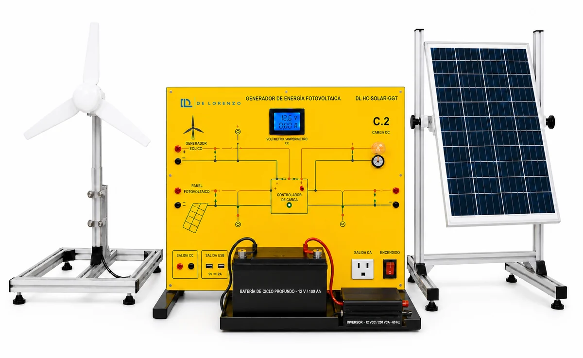 Generador fotovoltaico y eólico con aerogenerador de 3 palas, panel fotovoltaico en soporte inclinable, tablero y batería de 12 V (foto del fabricante)