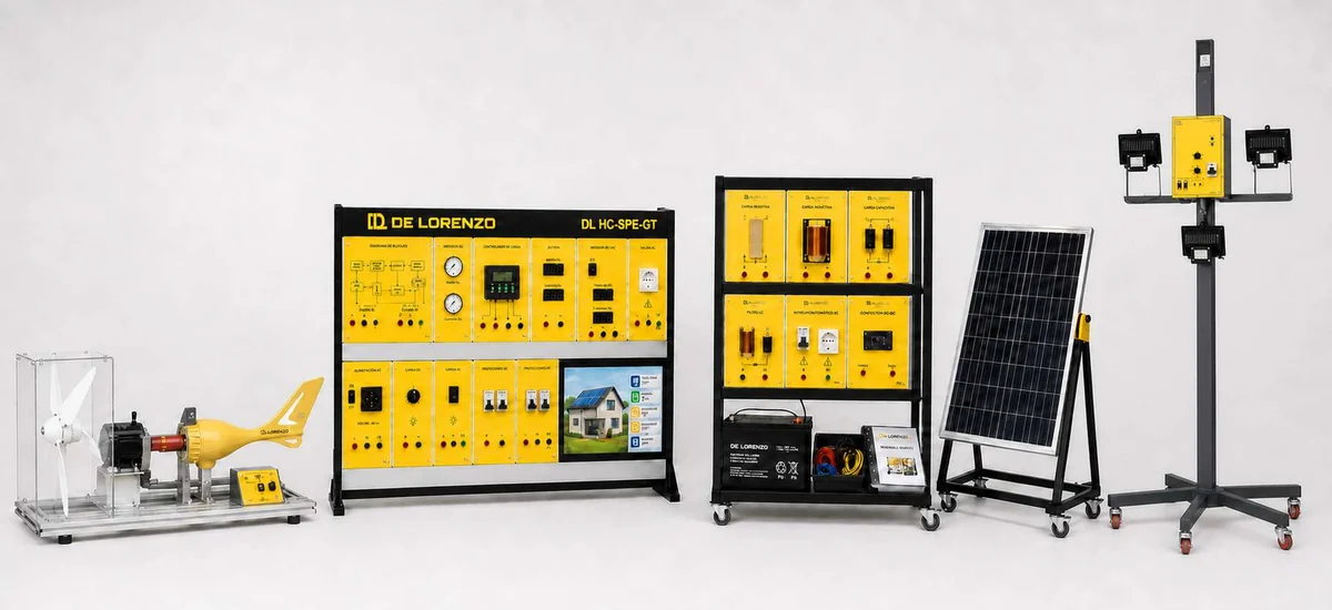 Sistema didáctico de producción doméstica de energía solar y eólica con tablero, módulos de carga, panel fotovoltaico y simulador solar (foto del fabricante)